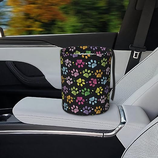 KXWQTRDD Car Garbage Bag Colorful Paw Print Mini Car Trash Bin Portable Collapsible Waterproof Rubbish Bag for Car Accessories Back Front Seat Cup Holder