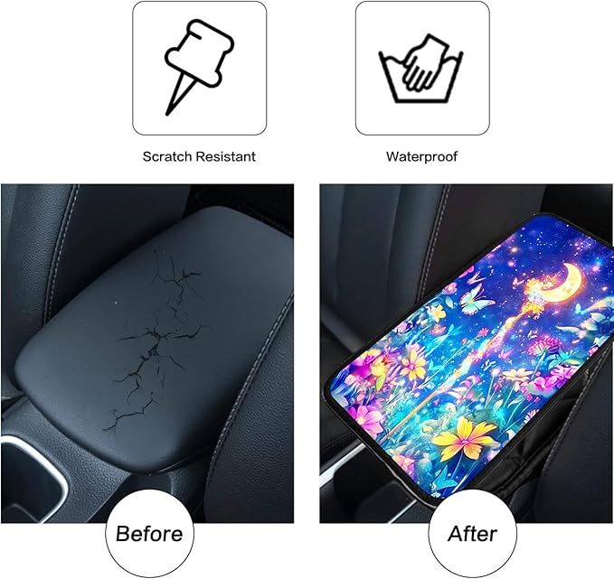 JANENFNA Car Armrest Cover Pads Universal Fashion Cute Auto Center Console Armrest Cover Pad with 2PCS Car Coasters Soft Waterproof Car Armrest Seat Protector for Women,Moon Magic Wand Flower