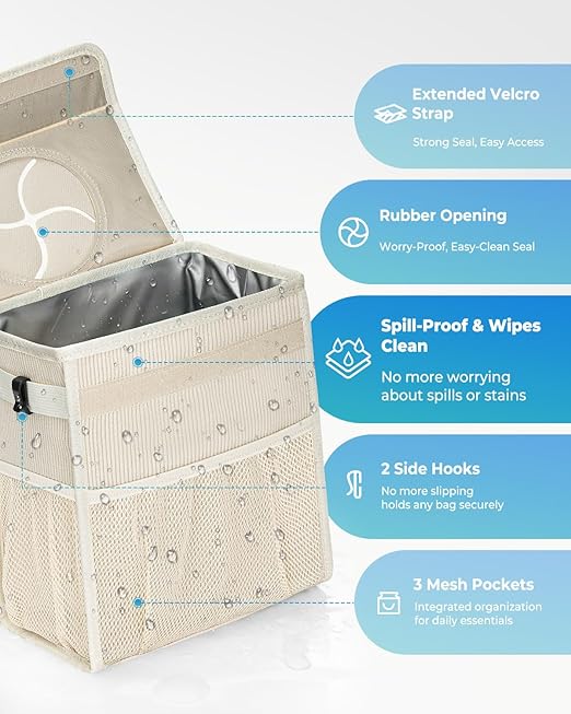 HORJONES Corduroy Car Trash Can with Lid and Mesh Pockets - Leakproof Organizer,Multipurpose Waterproof Garbage Can/Trash Bin for Car(Off-White-2 Gallons)