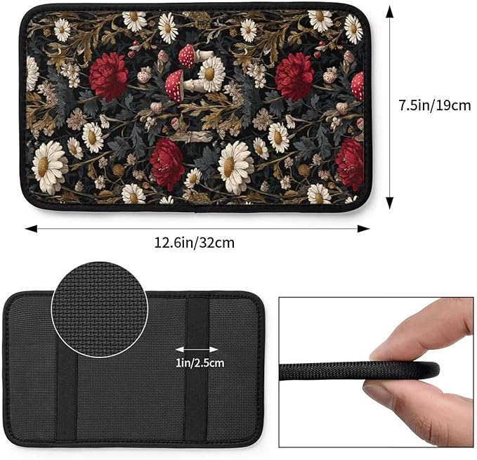 Red Floral Center Console Cover for Sedans Vans Truck Vehicles, SUVs Vintage Mushroom Black Arm Rest Cushion Pad Armrest Cushion Covering Padding Anti-Scratch Lid Covers