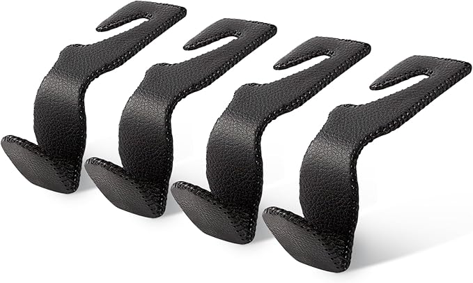 Etre Jeune 4 Pack Car Purse Hook, Leather Car Headrest Holder Hooks for Hanging Purses and Bags and Coats, 4Pack Black