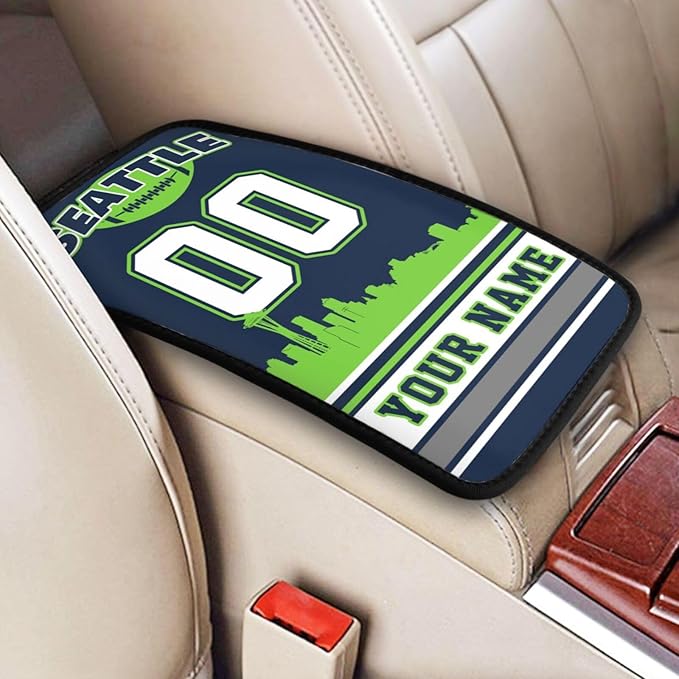 Custom Seattle Car Armrest Covers Personalized Football Style with Name Number Customized Auto Center Console Pad Car Handrail Box Cushion for Most Vehicle Decor Accessories, Fans Gift