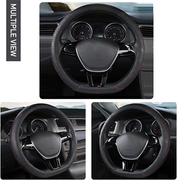 D Cut Steering Wheel Cover, Universal Microfiber Leather Breathable Flat Bottom Steering Wheel Cover Sports Style, 15 inch/ 38cm, Black