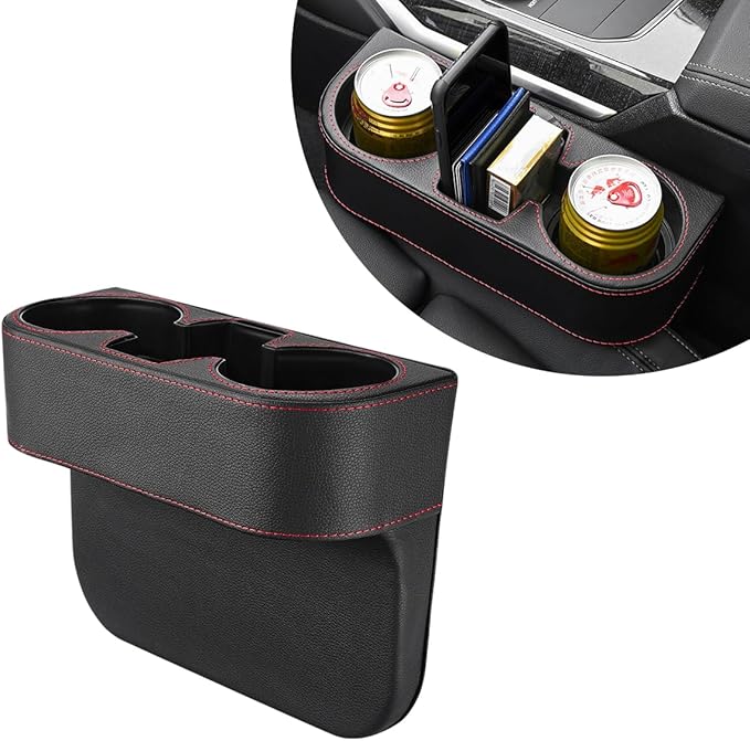 Car Cup Holder Gap Filler Organizer, Multifunctional Auto Front Console Gap Filler with Cup Holder, Leather Extra Cup Holder Storage Box for Car Truck SUV, Car Accessories (Black)