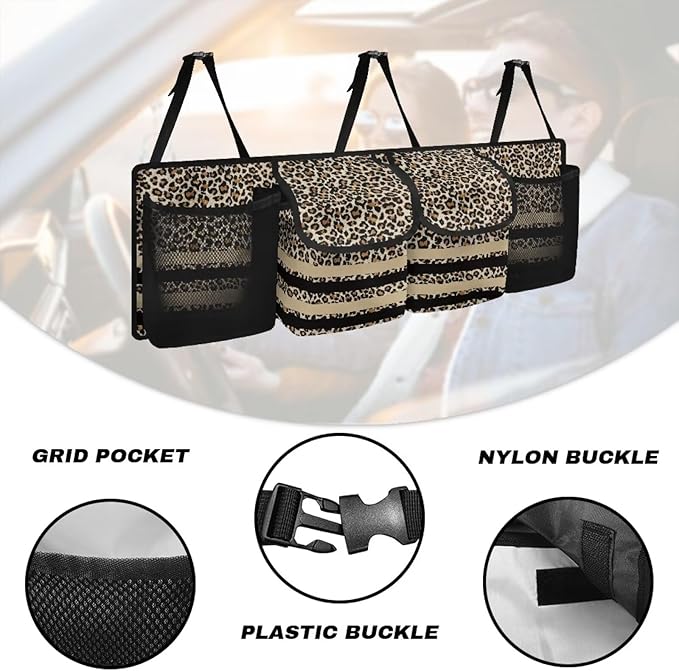 SEANATIVE Brown Leopard Stripes Car Trunk Organizer and Storage, Hanging Organizer for SUV, MPV, Waterproof, Cargo Storage Bag with 4 Pockets, Car Interior Accessories for Men &Women