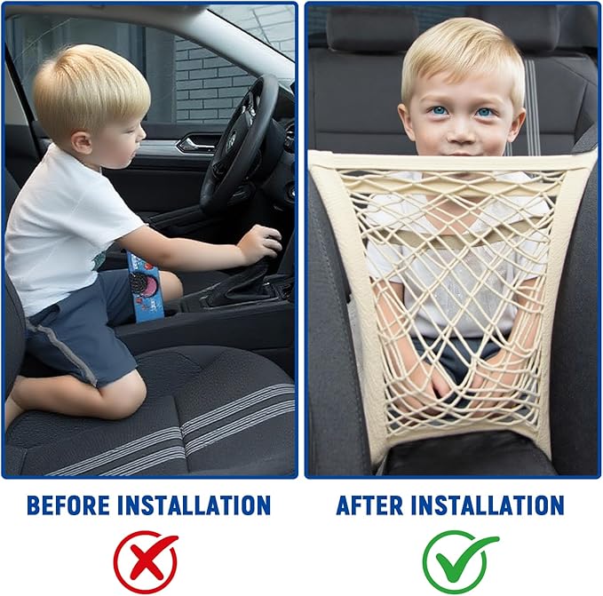 3-Layer Car Mesh Organizer,Seat Back Net Bag Organizer,Stretchable Pet Barrier Dog Car Net Barrier&Storage Bag of Backseat Pet Kids,Cargo Tissue Handbag Purse Holder,Driver Storage Netting Pouch
