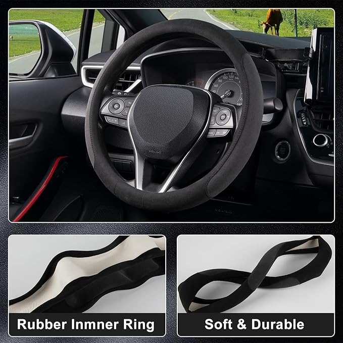 COFIT 15 inch Microfiber Suede Car Steering Wheel Cover, Universal Anti-Slip Grip Protector for SUV Truck, Black & Grey