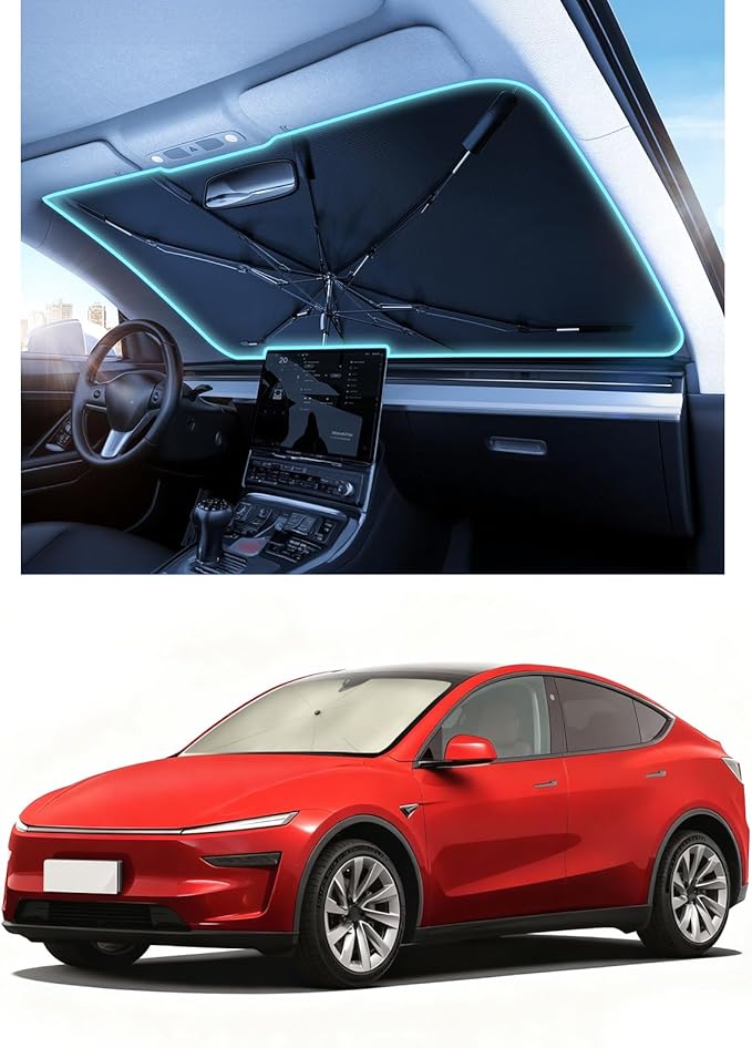 Nmoiss Windshield Sun Shade Umbrella – Custom-Fit for Model Y Juniper Performance, Vinyl Coating Heat Shield, 99% UV Blocking, Protects Interior & Touchscreen, Ice Crystal Cooling Material