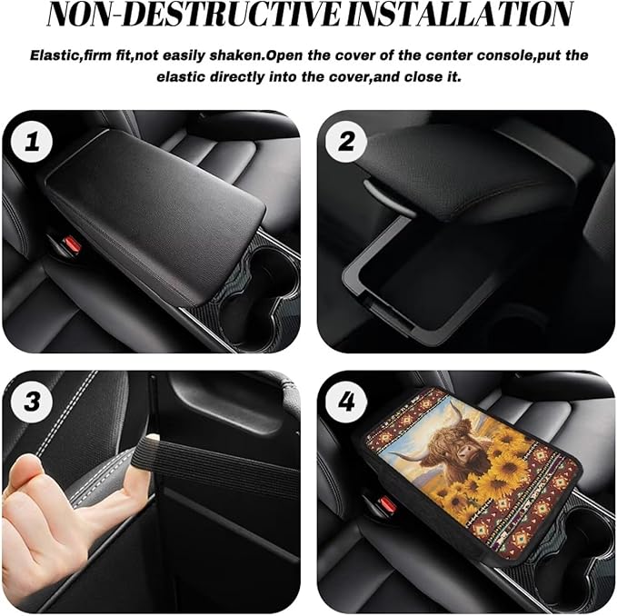 BIGCARJOB Car Center Console Cover Funny Highland Cow Print Auto Interior Accessories Car Armrest Cover Cushion Car Armrest Storage Box Sunflower Print Armrest Cover for Car SUV Truck