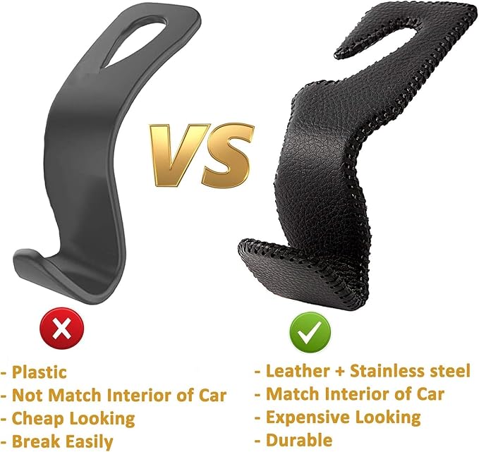 AMVOYOA Headrest Hooks for Car, Back Seat Organizer Black Leather Hanger Holder Hook, for Hanging Purses and Bags and Coats, Pack of 4