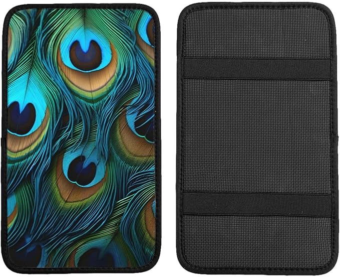 Peacock Feather Patterns Car Center Console Cover Universal Car Armrest Cover Waterproof Auto Armrest Seat Box Mat Protector Decoration Car Center Console Cushion Pad for Most Vehicle SUV Truck