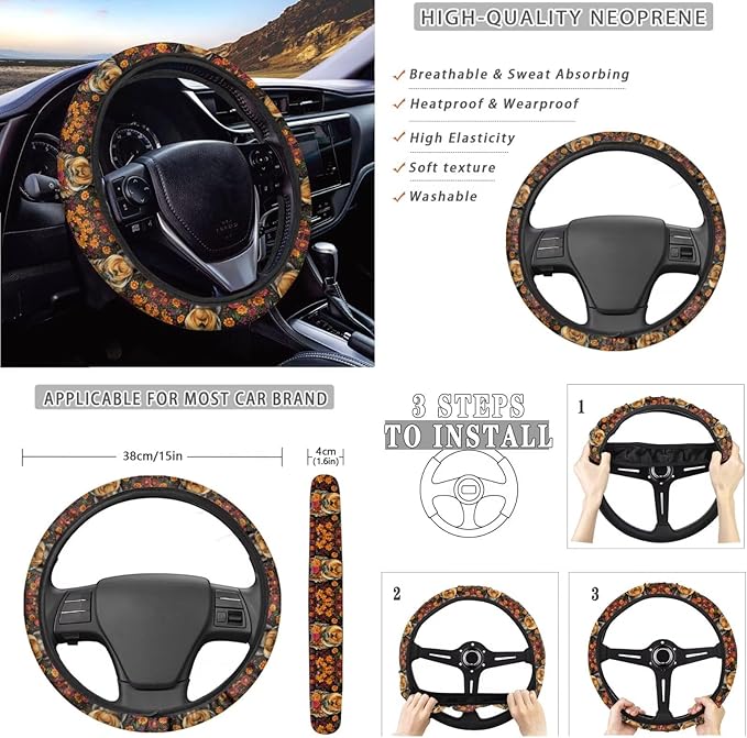 Yorkshire Terrier Print Car Interior Accessories Sets, Flower Print Front Seat Covers and Rear Split Bench Seat Cover, Steering Wheel Protector, Universal Fits for Most Cars SUV Truck Sedan