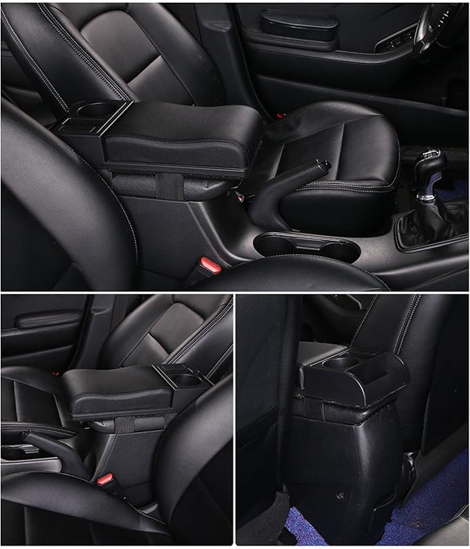 Fydun Center Console Armrest Box Cover Adjustable Length with USB Charging Port Cup Holder Universal for Most Vehicles (Black Line)