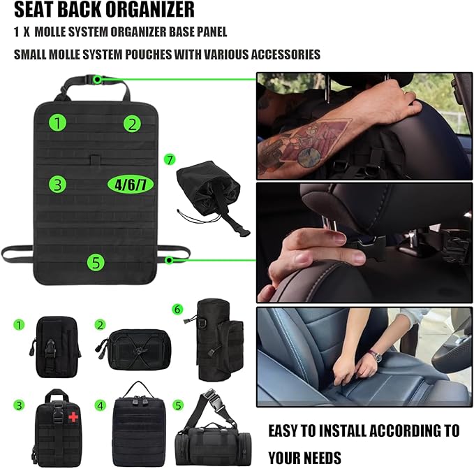 AIAUTOAIEV 7 PACK Tactical Seat back organizer Truck organizer With 6 Detachable Pouches Universal For Car Truck Ford Jeep Military-Grade Heavier Panels With Multi-functional Packs (8 Pack Black)