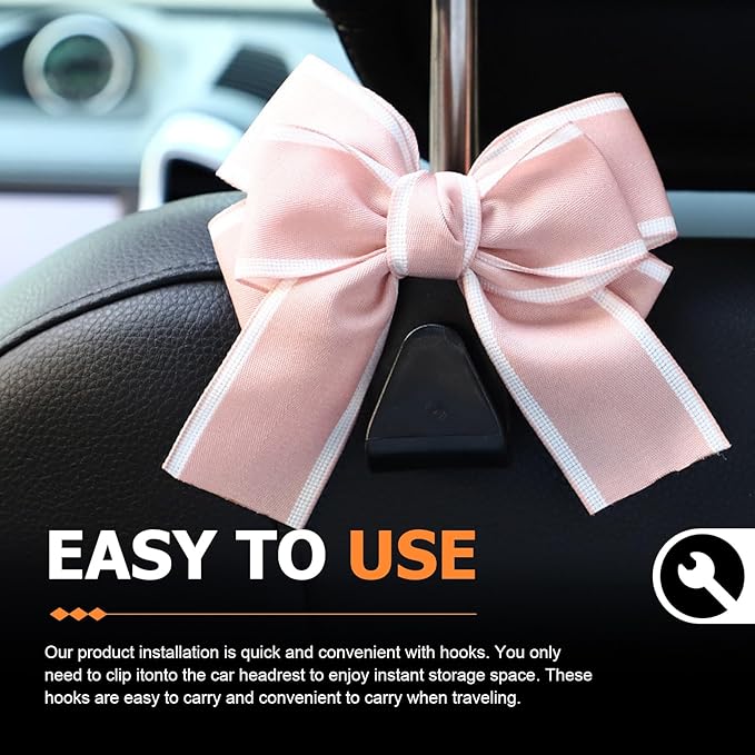 2 PCS Car Seat Headrest Hooks, Bow-Shaped Design Back Seat Storage Hangers, Automotive Purse Hanger for Purses, Bags, Umbrellas, Universal for Most Cars (Pink)