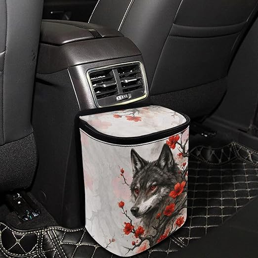 Talayituse Wolf Cherry Blossom Print Car Trash Can with Lid, Leak Proof Auto Trash Bag Hanging Vehicle Garbage Can Multipurpose Storage Container for Back Seat Road Trip