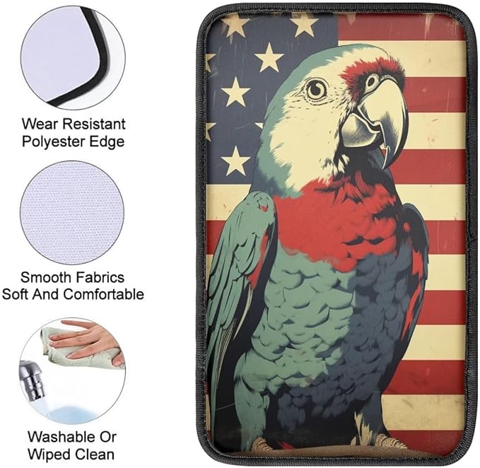 Car Center Console Pad, Universal Waterproof Car Armrest Seat Box Cover, Car Interior Accessories for Most Vehicle SUV Truck Vintage American Flag Parrot Car Armrest Pad