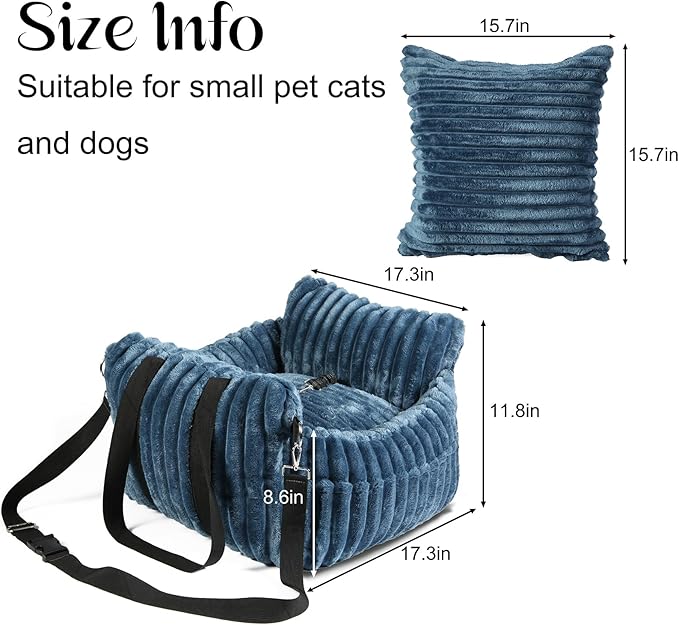 HOMLOVE Dog Car Booster Seat, for Small Dogs Under 30 lbs, Detachable Washable Travel Bed with Storage Pockets and Safety Belt (SOMKY Blue, Medium)