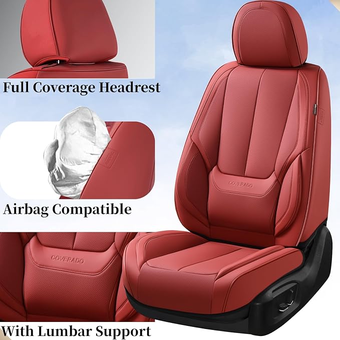 Coverado Car Seat Covers Full Set, Seat Covers for Cars, Red Car Seat Covers Front Seats and Back Car Seat Protector Waterproof, Leather Car Seat Cushion Universal Fit for Most Cars Blue