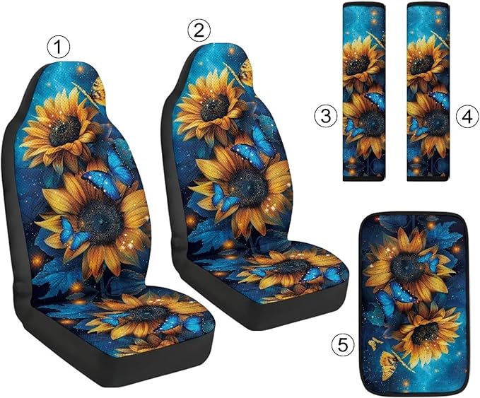Qeluxign 5 Piece Car Accessories Set with 2 PU Leather Seat Covers, Sunflower Blue Butterfly 2 Belt Pads & 1 Armrest Cover Fit for Most Vehicles Easy Install & Clean