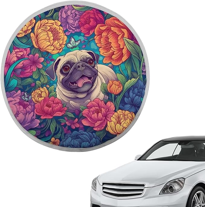 Pug Dog Peony Flower Pattern 17x17 inch Steering Wheel Sun Shade Cover Fit Most SUV Truck Car Van Universal Block UV Rays Car Rudder Visor Vehicle Steering Wheel Protector