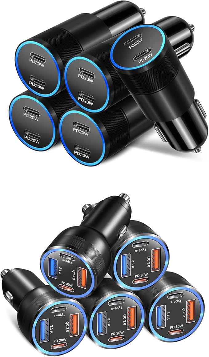 Car Charger Adapter 10 Pack, 65W Multi Port USB C & USB A Car Charger+40W Dual Port USB C Car Charger Cigarette Lighter USB Charger Plug for iPhone 16 15 14 13 12 11 Pad Pro