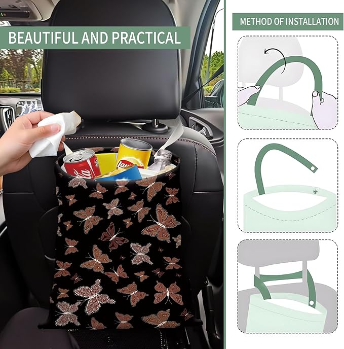 Cute Car Trash Can, Hanging Canvas Car Back Seat Organizer and Storage Bag, Funny Car Trash Bag for Travelling, Outdoor Cute Brown Butterfly