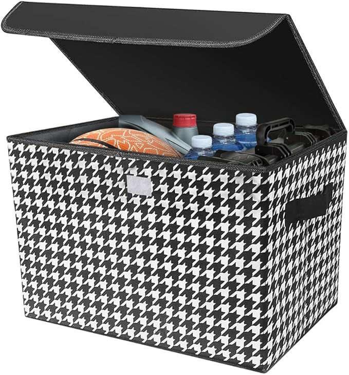 Car Cargo Trunk Storage Box with Lid, Houndstooth Pattern Large Capacity Collapsible Storage Organizer With Cover, Non-slip Bottom Carrying Handles, Fit All Cars (Black/White)