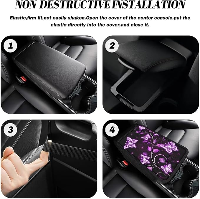 Dreaweet Purple Butterfly Car Armrest Cover for Women Center Console Cover with Storage Pockets Comfortable Car Arm Rest Cover Pad Non Slip Console Covers for Car SUV Trucks