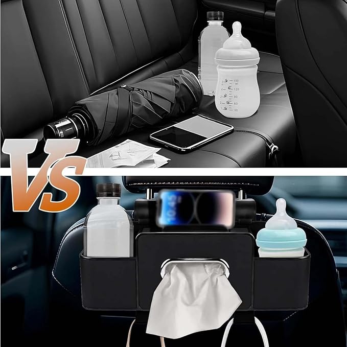 3-in-1 Car Backseat Organizer, 2026 Upgraded Multifunctional Car Seat Back Storage Box, Backseat Car Organizer with 2 Cup Holders, Tissue Box & Hooks, Universal Car Essentials (2Pack D)