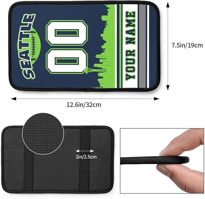 Custom Seattle Car Armrest Covers Personalized Football Style with Name Number Customized Auto Center Console Pad Car Handrail Box Cushion for Most Vehicle Decor Accessories, Fans Gift