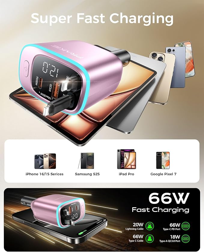 iPhone Car Charger, Retractable Fast USB C Phone Charger, 4 in 1 Cigarette Lighter Adapter with 2 Cables 30 Inch and 2 USB Ports, Multi Port USB Car Charging for iPhone 17/16/15/14/13/Pro Max-Pink