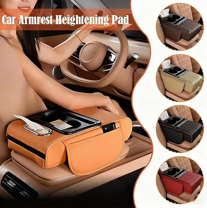 AHFBF Multifunctional Pu Leather Car Armrest Box Mat, Armrest Box Pad for Car, Leather Car Armrest Box Pad with Cup Holders, Car Armrest Box Mat, 5-in-1 Car Center Console Cover (Coffee)