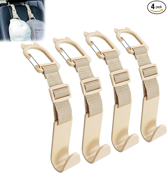 Amooca Car Headrest Hooks 4 Pack Adjustable Universal Fit Auto Seat Back Organizer Storage Hanger Purse Bags Holder with Clip Beige