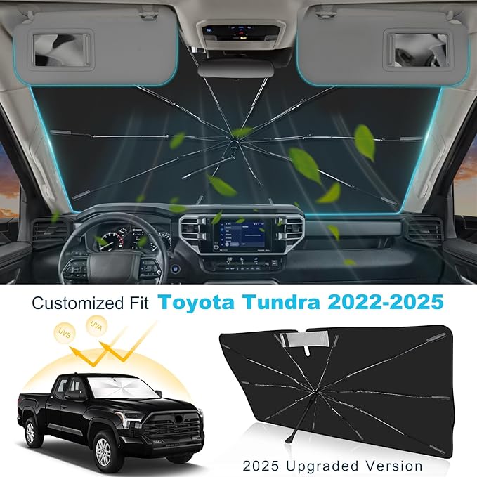 2025 Upgrade Windshield Sun Shade Umbrella Custom Fit for Toyota Tundra 2022-2025 Foldable UV Protection Car Cover, Emergency Rain Shield & Dashboard Protector - Durable Auto Accessory
