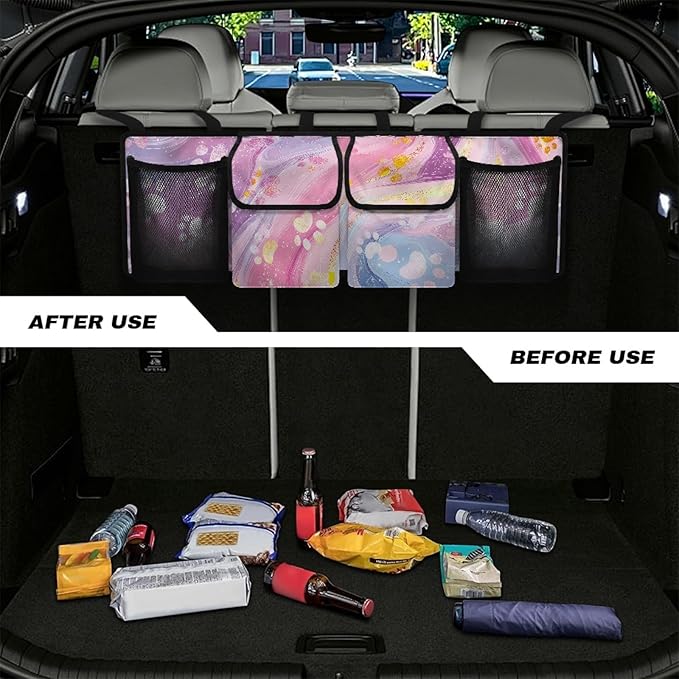 CLOHOMIN Colorful Marble Print Trunk Organizer for Sedan SUV Van Cute Dog Paw Car Organizer Hanging Auto Cargo Storage with 4 Pockets Foldable Car Trunk Storage Bag Auto Interior Accessories