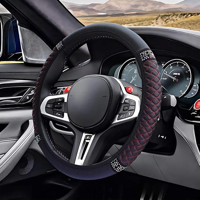 Bling Soft Leather Steering Wheel Cover, 15" Anti-Slip Sparkly Crystal Auto Elastic Steering Wheel Protector for Women Girl, Colorful Diamond Car Interior Accessory for Most Cars (Black/Red)