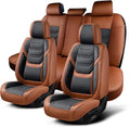 TIEHESYT Leather Car Seat Covers Full Set with Lumbar Support, Waterproof Car Seat Cover, Universal Seat Covers for Cars, Trucks, SUVs, Sedans, Airbag Compatible, Front Pair and Rear, Brown&Black