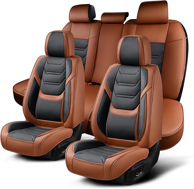 TIEHESYT Leather Car Seat Covers Full Set with Lumbar Support, Waterproof Car Seat Cover, Universal Seat Covers for Cars, Trucks, SUVs, Sedans, Airbag Compatible, Front Pair and Rear, Brown&Black