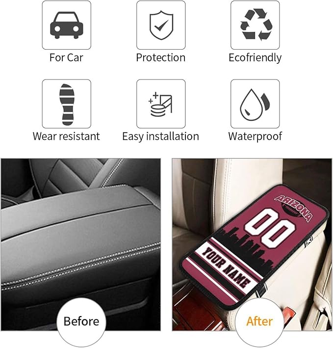 Custom Arizona Car Armrest Covers Personalized Football Style with Name Number Customized Auto Center Console Pad Car Handrail Box Cushion for Most Vehicle Decor Accessories, Fans Gift