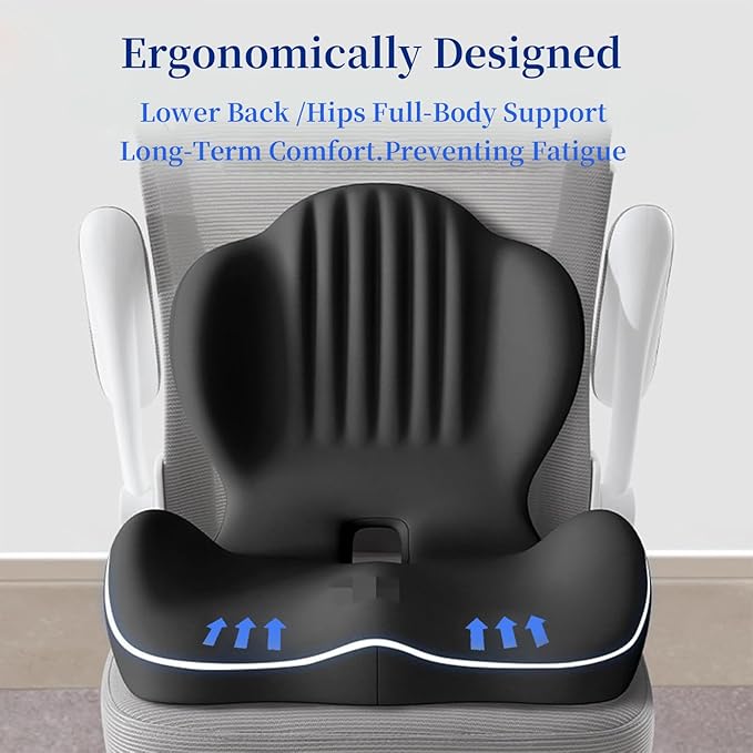 Ergonomic Memory Foam Seat Cushion with Lumbar Support, Office Chair and Car Seat Cushion for Back Pain Relief, Pressure Reducing Comfort Pad, for Parents and Friend,Black