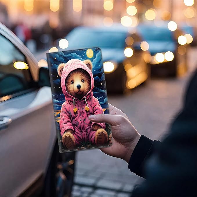 Car Document Holder with Magnetic Shut, Car Registration & Insurance Card Holder, PU Leather Glove Box Organizer Vehicle Accessories Driver License for Women/Men, Pink Baby Bear Under the Night Sky
