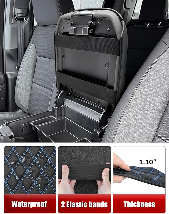 KBH Center Console Armrest Cover for Chevy Silverado GMC Sierra 2019-2026, Tahoe Suburban Yukon 2021-2026, Bucket Seat, Vinyl Leather Trim, Anti-Scratch, Black-Blue Stitch