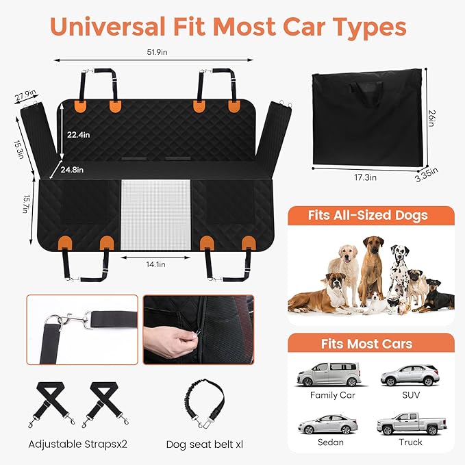 Chioratree Dog Seat Cover for Back Seat - Hard Bottom Car Seat Cover for Dogs Holds 500 lbs,Waterproof Back Seat Extender for Dogs,Scratch-Proof Anti-Slip Dog Hammock for Car SUV Small Truck, Black