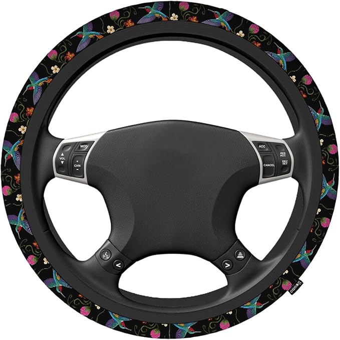 Swono Hummingbirds and Flower Car Steering Wheel Covers for Men Women,Hummingbirds Flowers Embroidery Car Accessories Decor 15" Steering Wheel Cushions Comfort Grip Neoprene Stretch-On Anti-Slip Case