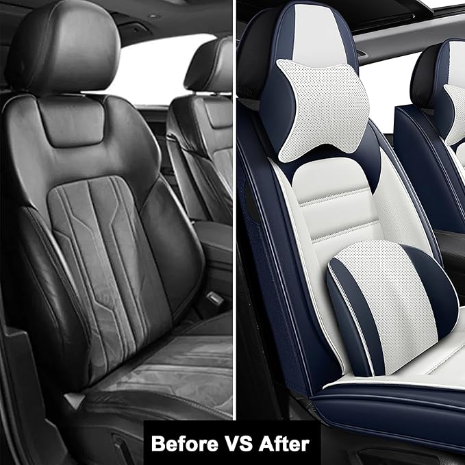 AREKA 2 Car Seat Covers for Honda Accord 2003-2026 Breathable Leather,Waterproof Car Seat Protectors with Comfort Headrest Pillows,Automotive Vehicle Cushion with Storage Pockets (Luxury,Blue)