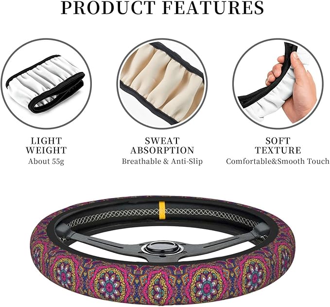 Purple Boho Auto Car Mandala Steering Wheel Cover Universal 15 Inch Neoprene Interior Decor Protection Accessories