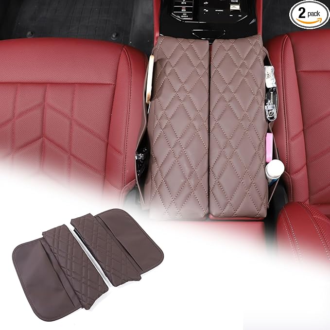 Car Center Console Cover Compatible with BMW 5 Series G60 2024 Sedan,Center Seat Armrest Cover Pad Leather Cushion Anti-Scratch Protector with Side Mobile Phone Storage Pockets 2PCS (Coffee Color)