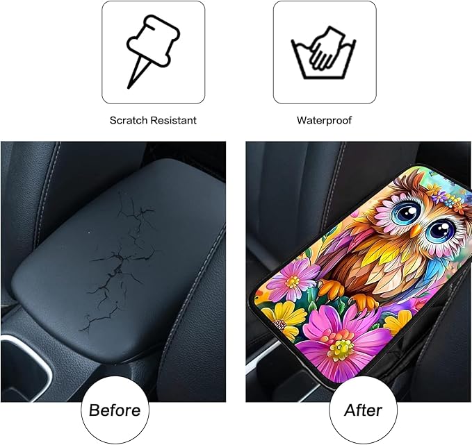 JANENFNA Car Armrest Cover Pads Universal Fashion Cute Auto Center Console Armrest Cover Pad with 2PCS Car Coasters Soft Waterproof Car Armrest Seat Protector for Women,Colorful Owl-A