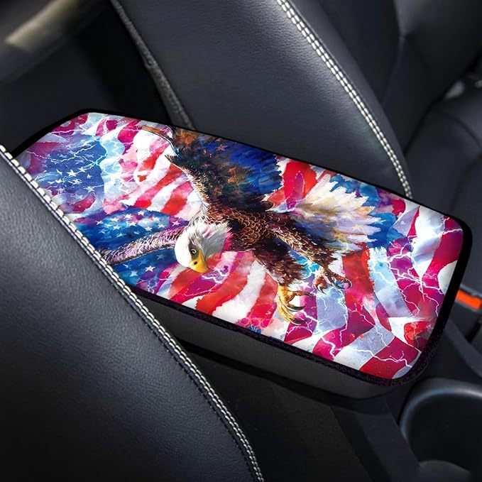 Eagle Print Armrest Cover Pad for Car American Flag Print Car Center Console Cushion Pad Universal Auto Decor for Truck Sedan SUV